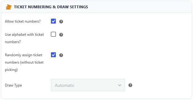 Ticket Numbering & Draw Settings