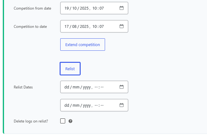Relist Date Fields and Delete Logs Checkbox