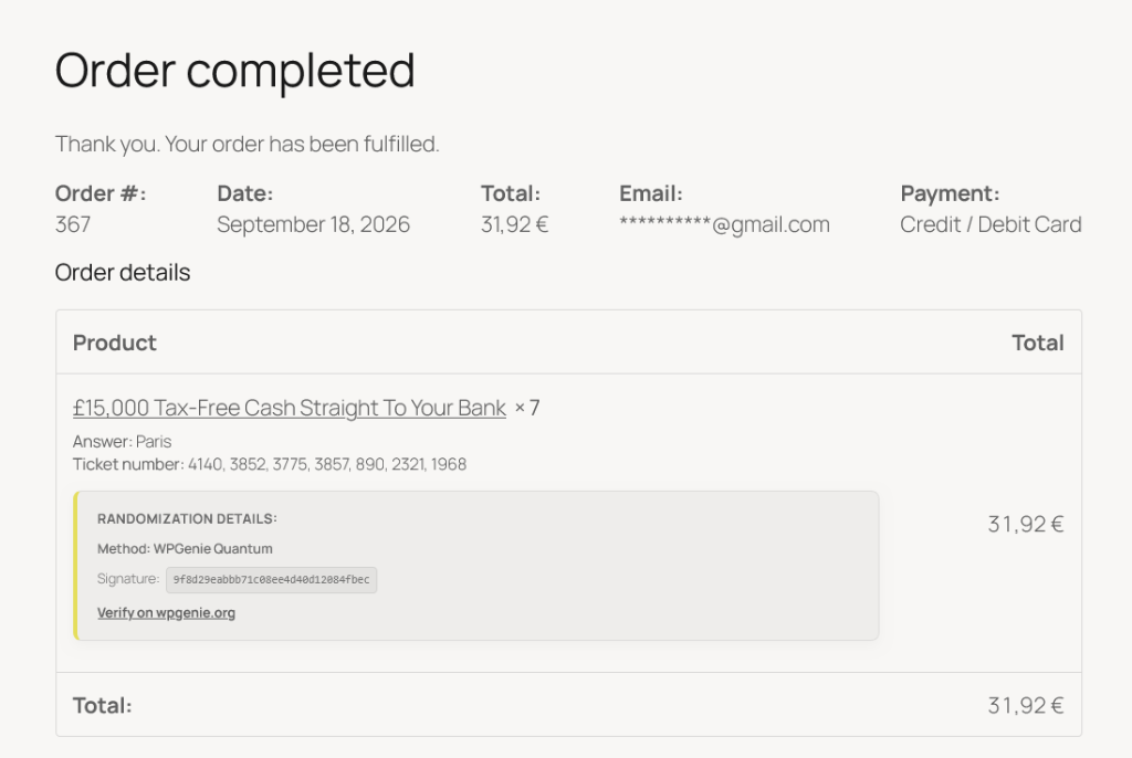 Quantum Ticket Randomization Details in Order Receipt