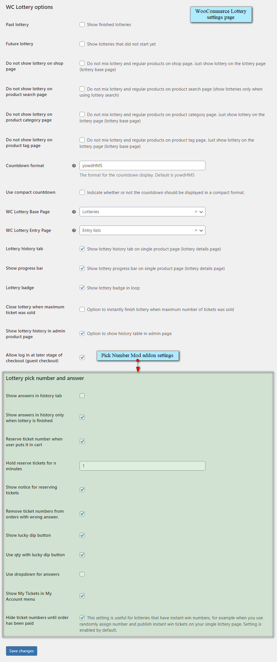 WooCommerce lottery settings without pick number mod addon