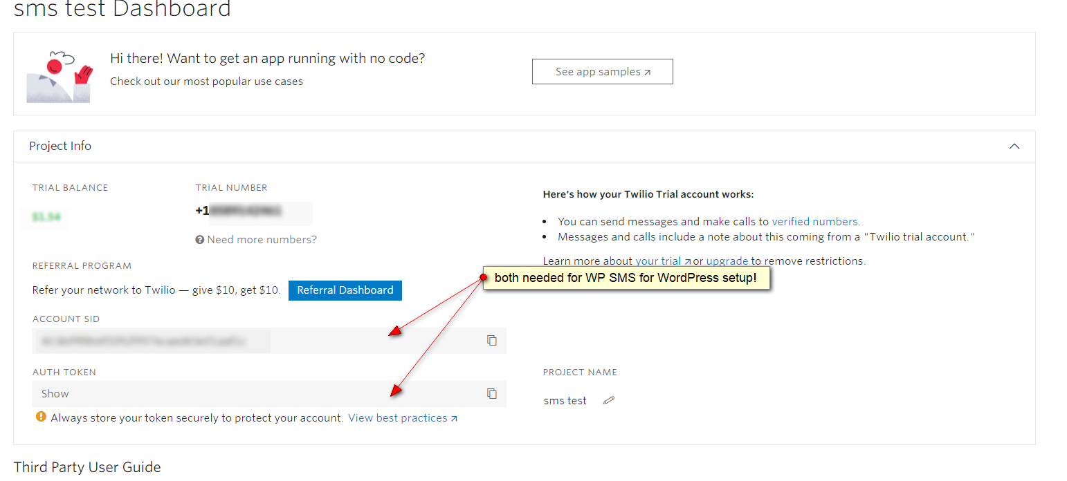 twillio project setting for use with wp sms for wordpress plugin