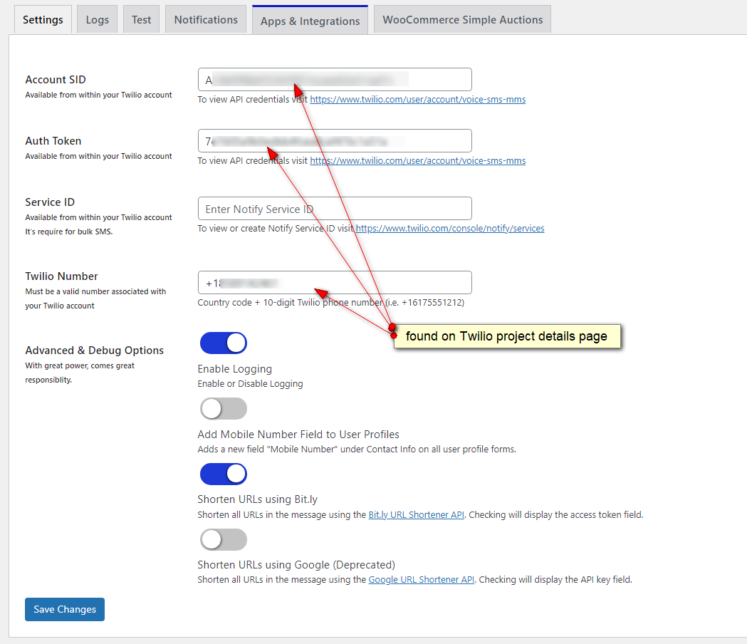 wp sms for wordpress settings