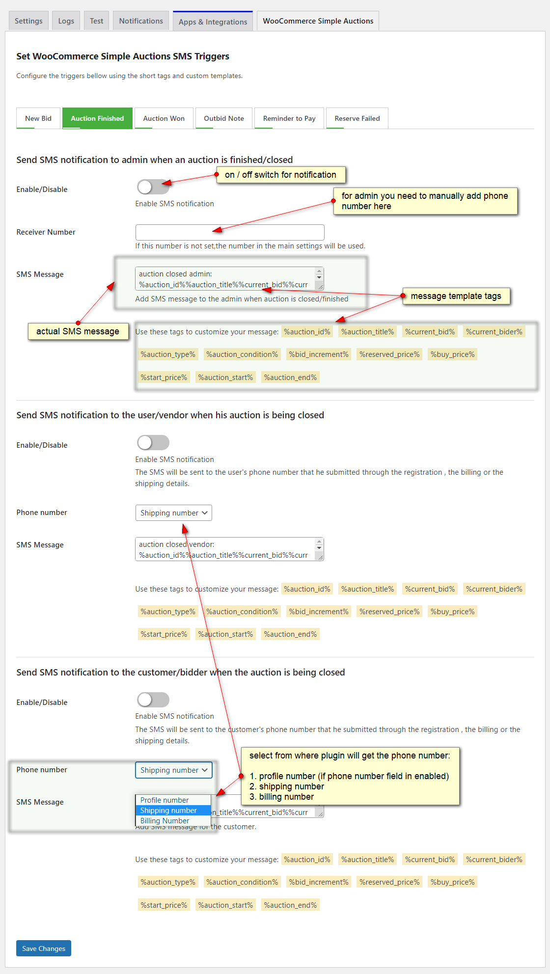 Simple Auctions with SMS notifications settings explanation