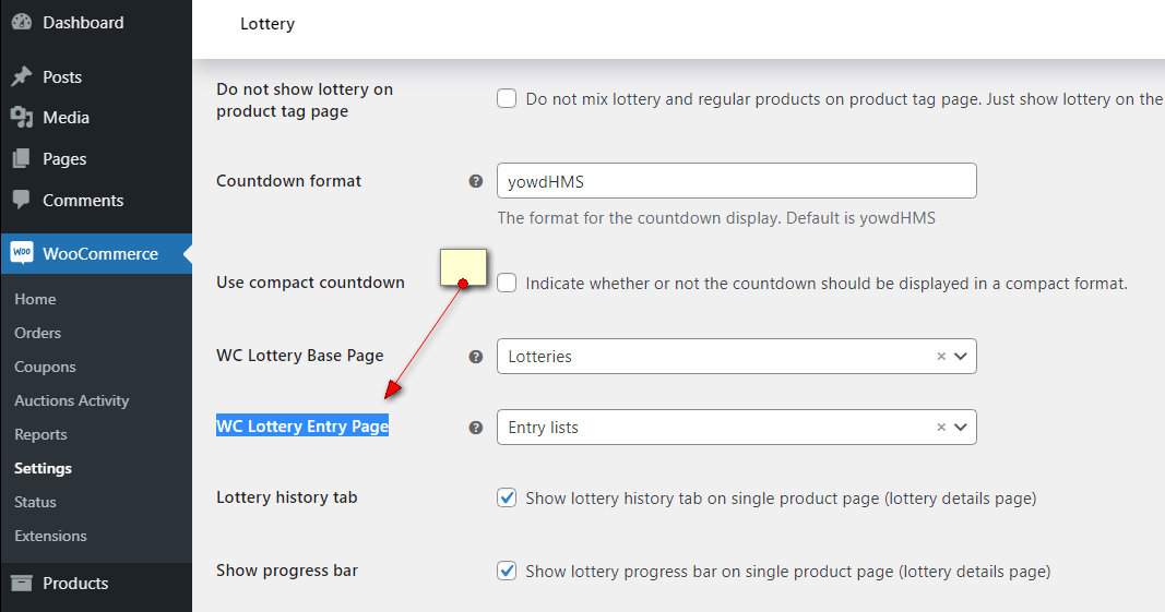 woocommerce lottery entry lists page setup how to