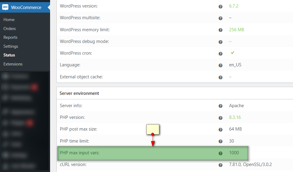check php max input vars in WooCommerce