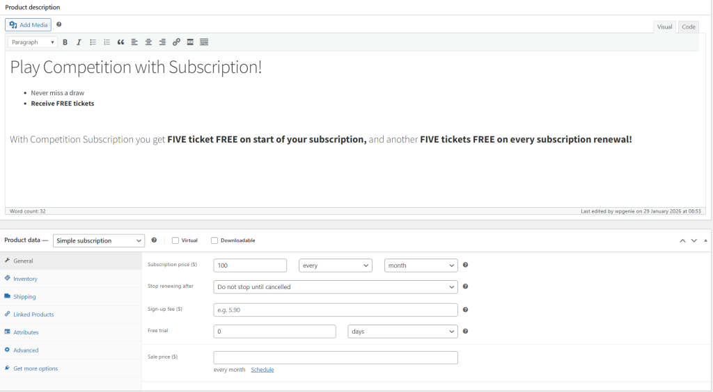 add free tickets to competition subscription with subscription gifts for woocommerce