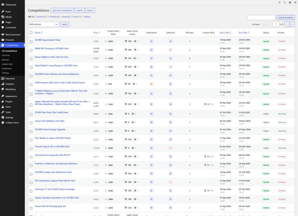 WordPress competition management screen