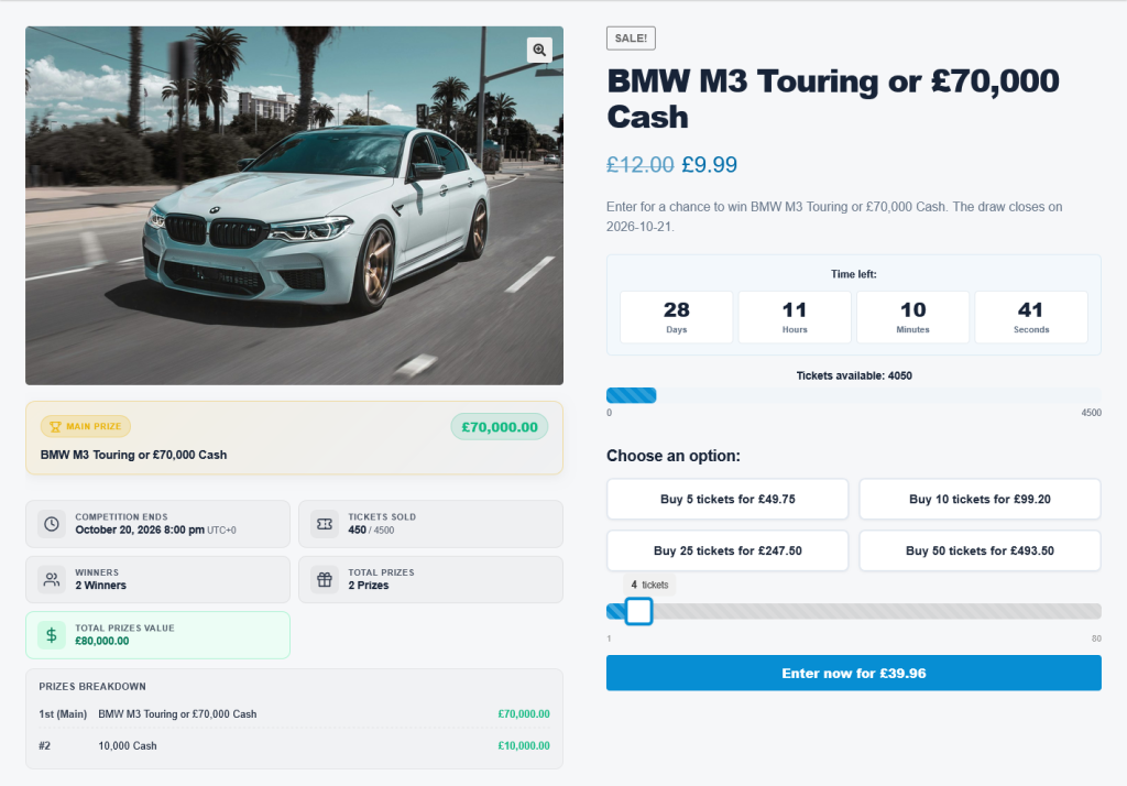 Competition page with ticket packages and instant prizes
