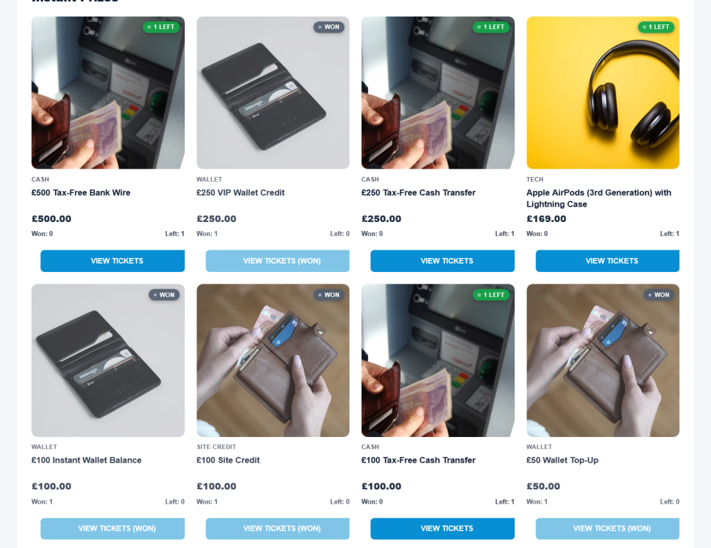 Instant prizes grouped by prize type with remaining availability