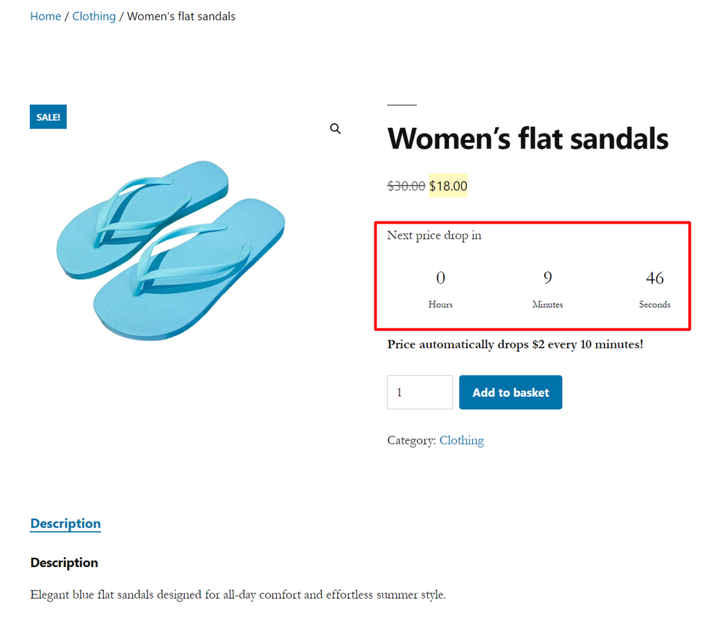 Dutch auction product page with price drop countdown in WooCommerce.
