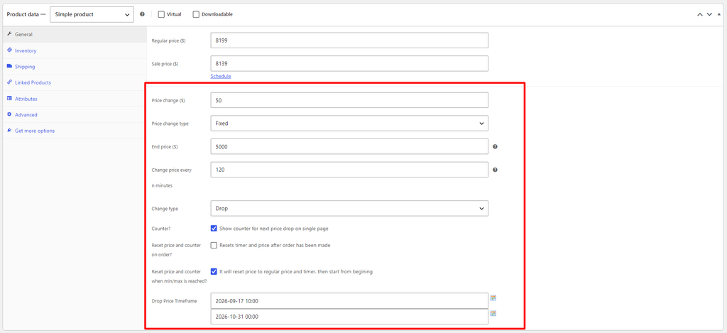 Drop Prices for WooCommerce simple product data with price drop settings