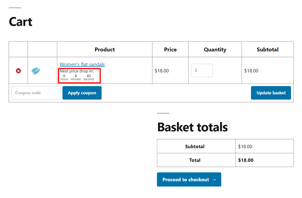WooCommerce Cart page with a live countdown to the next price drop